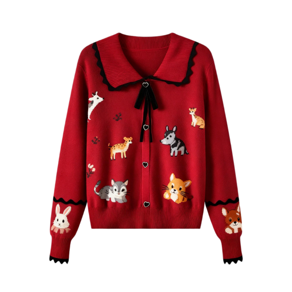 Women's Burgundy Peter Pan Collar Cardigan with Animal Print