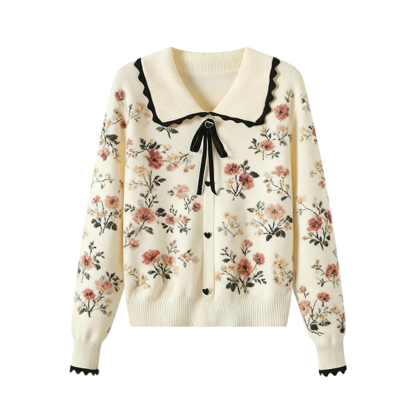 Women's Cream Peter Pan Collar Cardigan with Floral Print